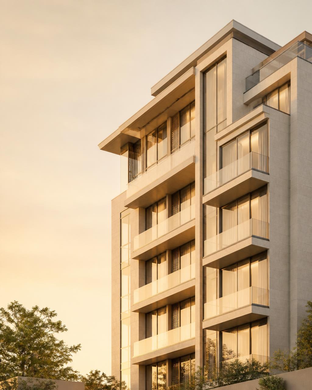Modern residential tower at golden hour